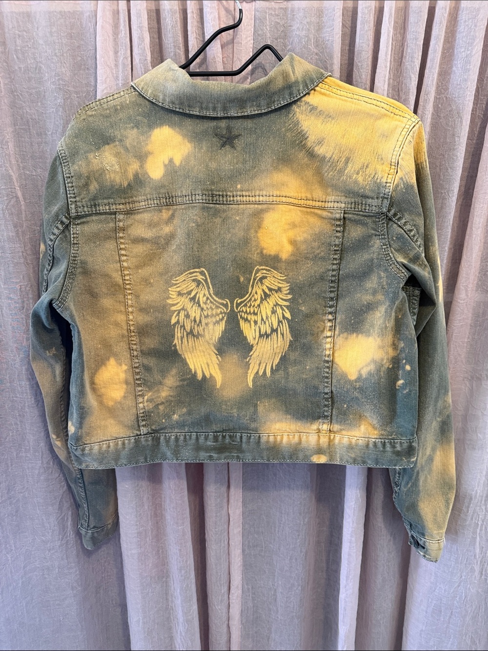 People's Liberation Olive Green Denim Jean Jacket with Yellow Bleach Wings